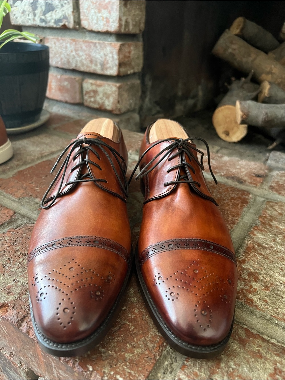 Santoni Cognac Leather Cap-Toe Derby Oxfords with Broguing